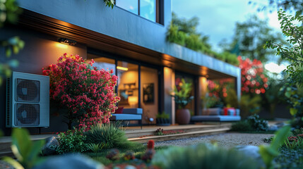 Fototapeta premium A modern home with an outdoor living space featuring a blooming flower bush, a patio, and an air conditioning unit. The image captures a tranquil evening scene