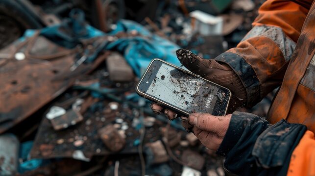 Workers dirty hands on smartphone amid scrap metal