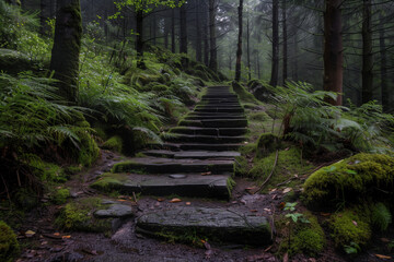 Photograph of steps in the forest, wet mossy ground, green plants and trees on both sides on a cloudy day