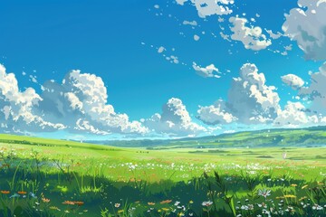 Fototapeta premium Grass Field landscape with blue sky and white cloud. Blue sky clouds sunny day wallpaper. Cartoon illustration of a Grass Field with blue sky in Summer. green field in a day.
