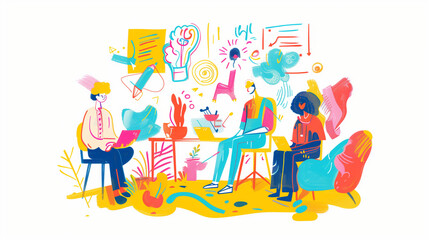 Obraz premium A conceptual brainstorming session. Vibrantly colors, illustration, drawing. White background