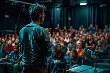 A man stands at a podium addressing a crowd with passion, A teacher giving a passionate speech in front of a school assembly