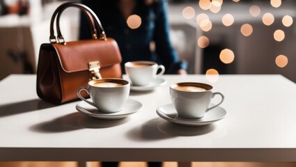 Fototapeta premium photo showing two coffee cups and a woman's handbag placed on a white table