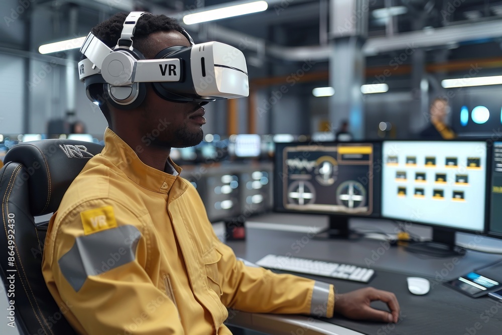Poster man using vr headset in a high-tech control room, showcasing advanced virtual reality technology for
