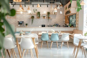 Interior of a trendy cafeteria with white brick walls and light wood furniture