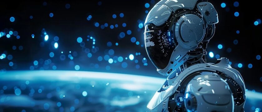 A futuristic robot stands against a backdrop of twinkling lights and a planet.