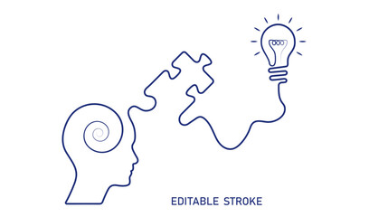 Flat design editable line head, light bulb, puzzle, cable,  business idea vector. Business concept design to use for idea, brainstorm, learning, strategy, thinking, inspiration, teamwork projects. 