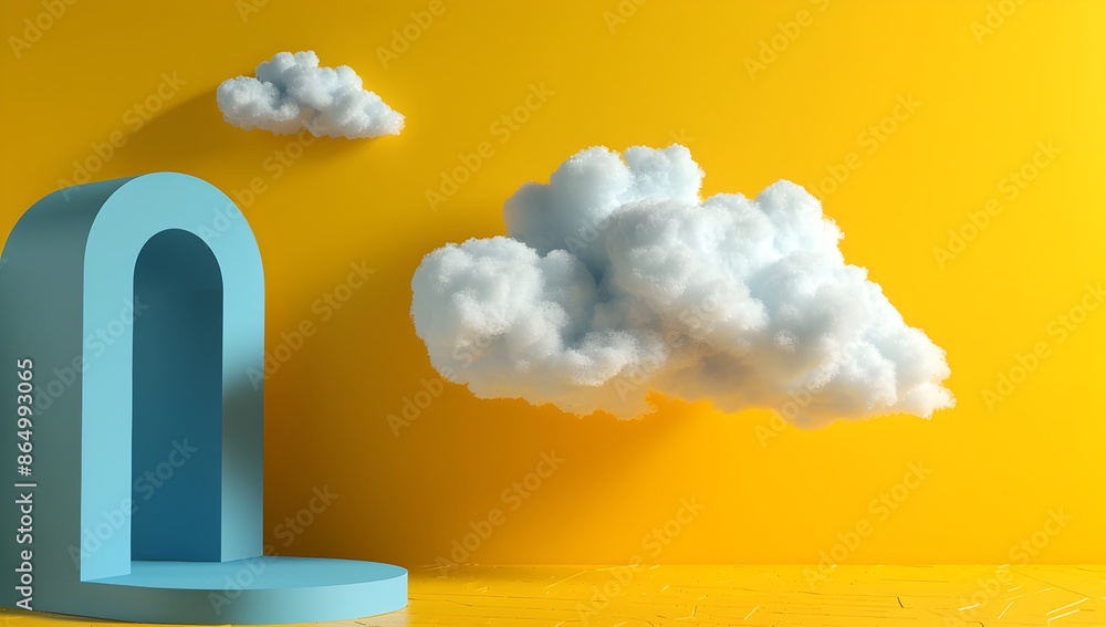 Poster 3d render of a white cloud floating in a yellow room, in a minimal abstract style with simple shapes