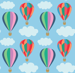 Naklejka premium Seamless pattern with colorful kites and clouds in the sky. Vector summer background in flat style 