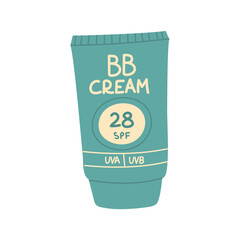 jar of sunscreen. BB cream is in a closed tube with a dispenser. Cosmetics. Face and body care products. The icon of the Spf 28 BB jar. A vector object in a flat style. Retro colors. Isolated object