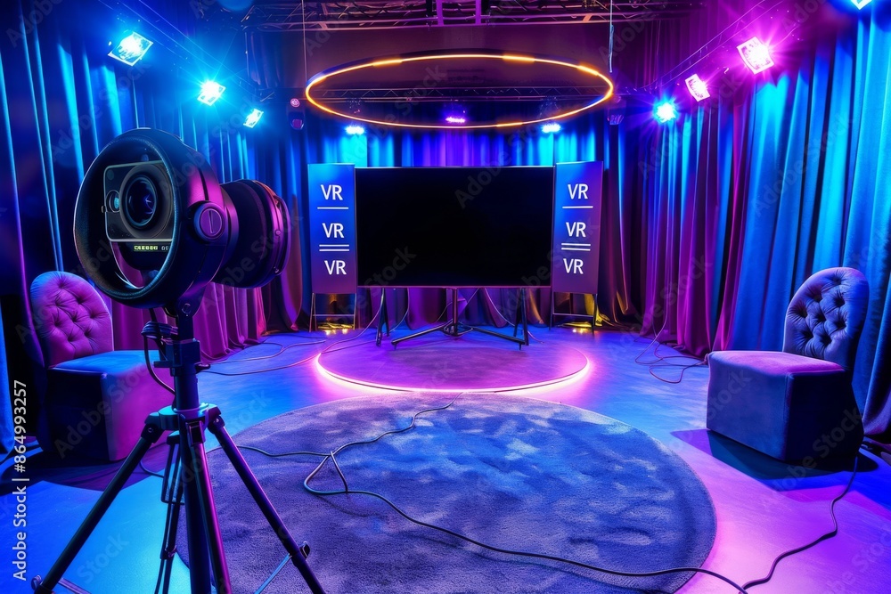 Poster vr studio setup with vibrant lighting, illustrating the advanced and immersive capabilities of virtu