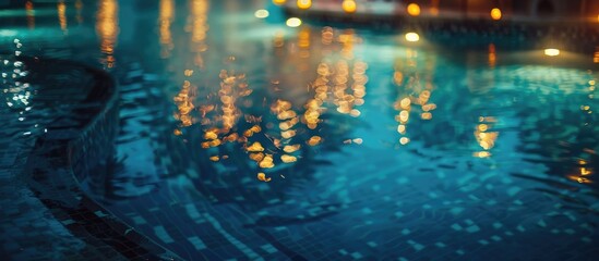 Obraz premium Top perspective of illuminated lights mirrored on water in a pool during nighttime