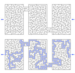 Vector labyrinth composed of 3 connected vertical rectangular mazes. Black and white riddle with entry and exit. Find the way through labyrinth puzzle. 