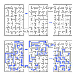 Vector labyrinth composed of 3 connected vertical rectangular mazes. Black and white riddle with entry and exit. Find the way through labyrinth puzzle. 