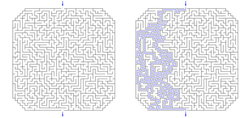 Huge square labyrinth with cropped corners. Maze of high complexity with solution. Black and white hard riddle with high level of difficulty. Nice brainstorm puzzle