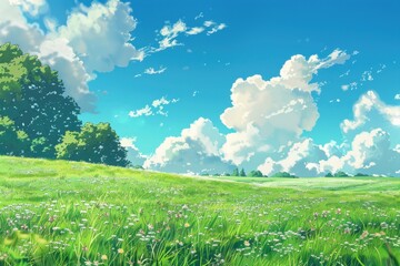 Beautiful scenery of a lush green field with a blue sky and white clouds in the background. Perfect for backgrounds, nature themes, or landscape design projects