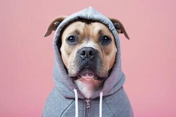 Dog with an elegant grey hoody on a solid studio pink color background. Copy space for text. Cute cool Puppy dressed fashion clothes, hood at head. Humor, summer. Funny animal creative concept