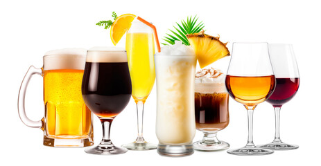 Set and collection of classic alcohol cocktails, beer and mocktail isolated on white background with fresh summer fruits