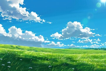 Fototapeta premium Beautiful green field with white flowers, blue sky and white clouds on a sunny day. Concept of nature, summer, spring, meadow, and landscape.