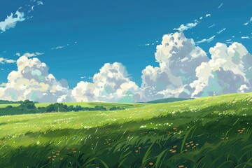Fototapeta premium Stunning digital art illustration of a green meadow under a bright blue sky with fluffy white clouds. Concept of nature, peace, tranquility, and summer landscape.
