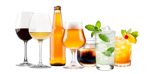 Set and collection of classic alcohol cocktails, beer and mocktail isolated on white background with fresh summer fruits
