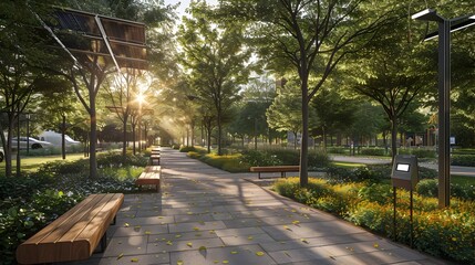 Obraz premium Sustainable Park with Solar Powered Lights and Electric Charging Benches in a Net Zero Green Public Space