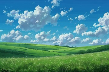 Fototapeta premium Green grassy field with rolling hills and a beautiful blue sky with white clouds. Tranquil nature landscape with vibrant colors. Concept of peace, tranquility, relaxation, and natural beauty.