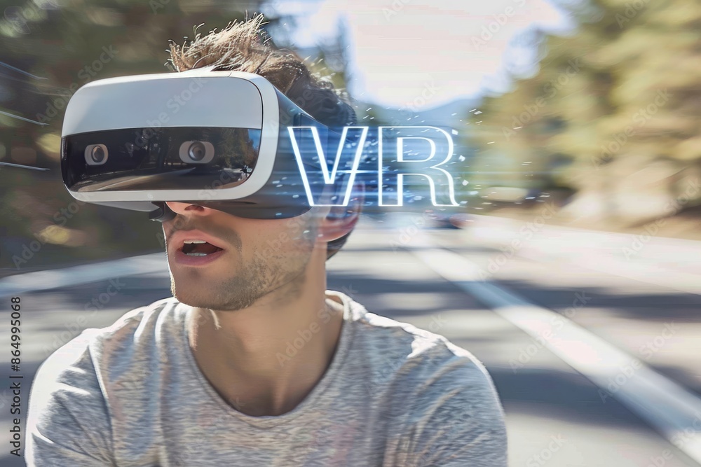 Poster man using vr headset in an outdoor setting, highlighting the immersive and interactive capabilities 