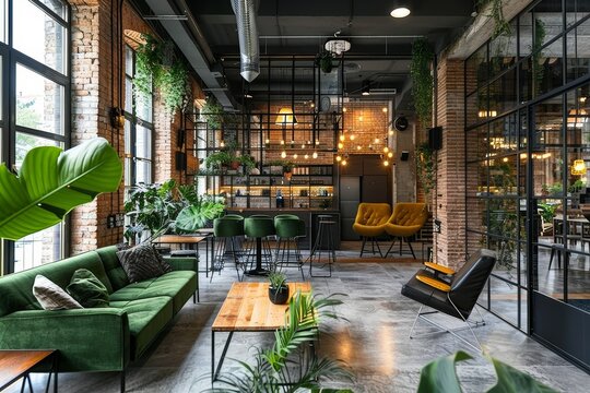 A stylish coworking space featuring exposed brick walls, large windows, and lush greenery