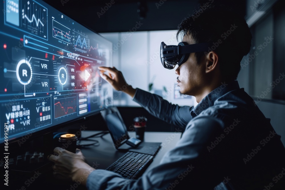 Aufkleber man using vr headset in a high-tech office, showcasing advanced virtual reality technology for produ