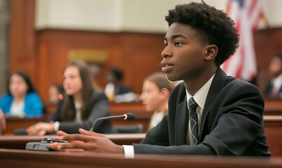 African American high school boy testifying in court, wearing formal attire, speaking into microphones with attentive students around him