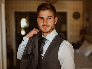 Groom holding his suit jacket over shoulder, groom preparation, confident groom