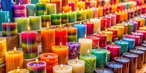 Obraz premium Colorful candles displayed at a craft market with selective focus and copy space, Craft, Market, Colorful