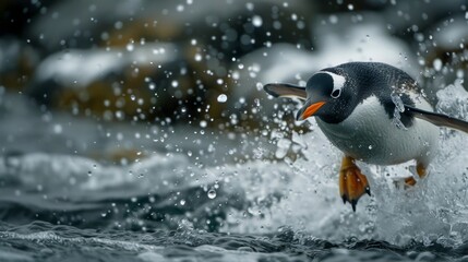 Fototapeta premium Penguin Jumping Into Cold Water