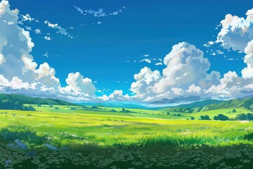 Obraz premium Beautiful green field with a blue sky and white clouds. Summer nature scene with lush grass, mountains and clouds. Concept of freedom, adventure, and nature.