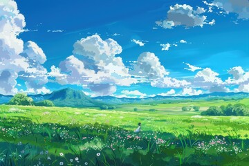 Fototapeta premium Woman standing in a beautiful green field under a blue sky with puffy clouds. Concept of freedom, peace, and nature.