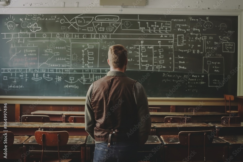 Poster a man standing in front of a blackboard in a classroom, giving a lesson to students, a teacher stand