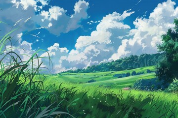 Fototapeta premium Beautiful animated landscape with green grass, white clouds, blue sky and rolling hills.