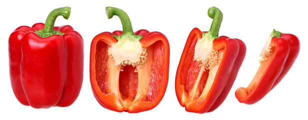 red sweet bell pepper, half and slices isolated, transparent PNG, PNG format, cut out, collection, set