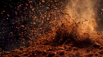 Explosion splash of ground coffee or cocoa powder with freeze isolated on background, pile of splatter of coffee grind dust powder, brown shattered beans