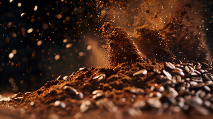 Explosion splash of ground coffee or cocoa powder with freeze isolated on background, pile of splatter of coffee grind dust powder, brown shattered beans