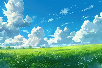 Fototapeta premium Beautiful landscape of green grass meadow and a blue sky with fluffy white clouds. Perfect for nature, scenery, and outdoor photography