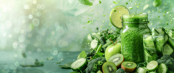 A collection of vibrant and healthy green smoothies made from fresh fruits and vegetables such as apples, kiwis, spinach, and cucumbers. The visually appealing images highlight the natural, refreshing
