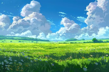 Fototapeta premium Beautiful Summer Landscape with Green Grass, Blue Sky, and White Clouds. Perfect for Nature Backgrounds, Environmental Themes, or Travel and Vacation Content.