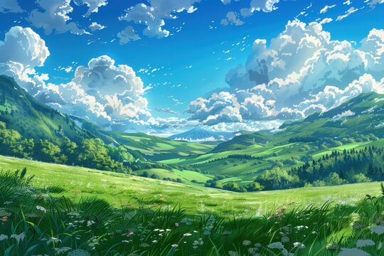 Beautiful landscape painting of lush green meadows with rolling hills and fluffy clouds in the blue sky. Digital art illustration of idyllic summer countryside scenery