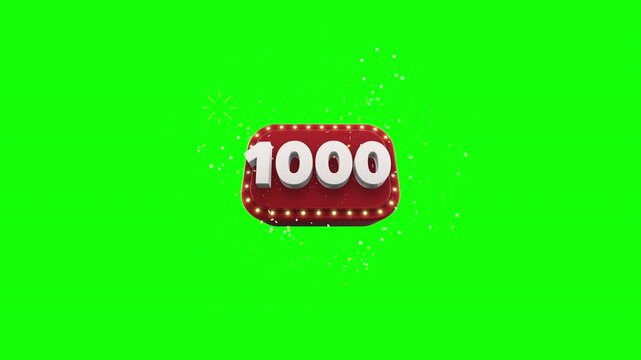 1k Celebration Number Counter 3D Animation. 1000 followers subscribers celebration thank you fans with transparency Green Screen and Luma Matte (black and white mask).