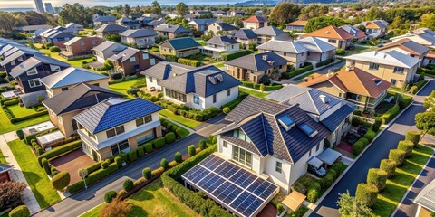 Naklejka premium Aerial view of modern suburban homes with solar panels, solar panels, eco-friendly