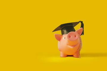 Piggy bank wearing graduation cap. Back to school sale background