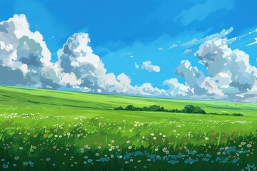 Vibrant green field with blooming flowers under a blue sky with puffy clouds. Illustration of a sunny summer day with green grass and white clouds. Nature scene, idyllic landscape, background.