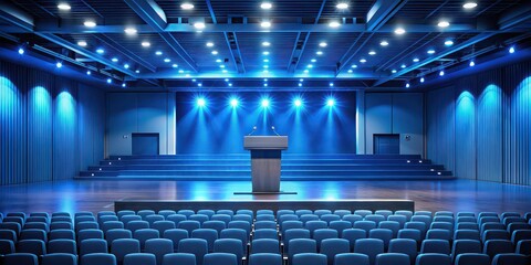Empty auditorium with blue lighting and podium on stage, auditorium, empty, blue lighting, podium, stage